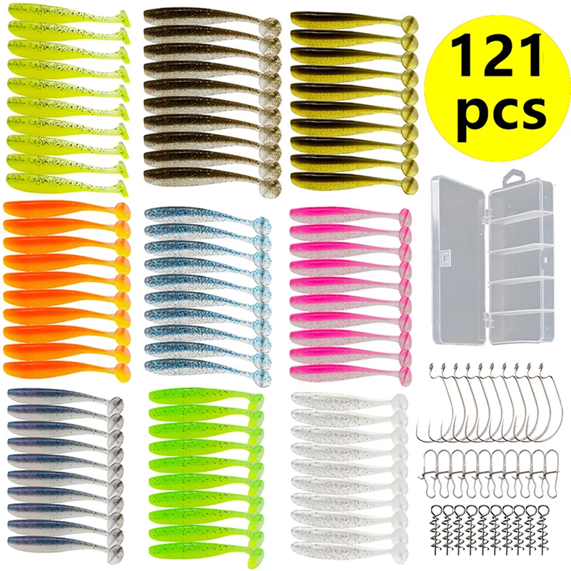 

Soft Fishing Lure Suit with Spring Crank Hooks, T Tail, Artificial Worms, Carp Bass Bait, Snap Pin, 7cm, 121Pcs