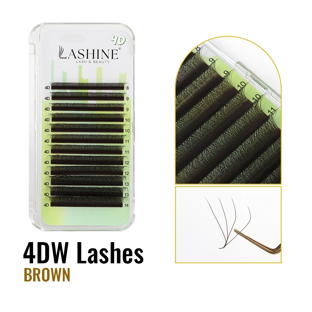 Lashine 4D W على شكل رمش تمديد Cilios Brown 4DW 0.07mm D Curl Mix (8-14mm) حجم الرموش مع ملحقات الرموش