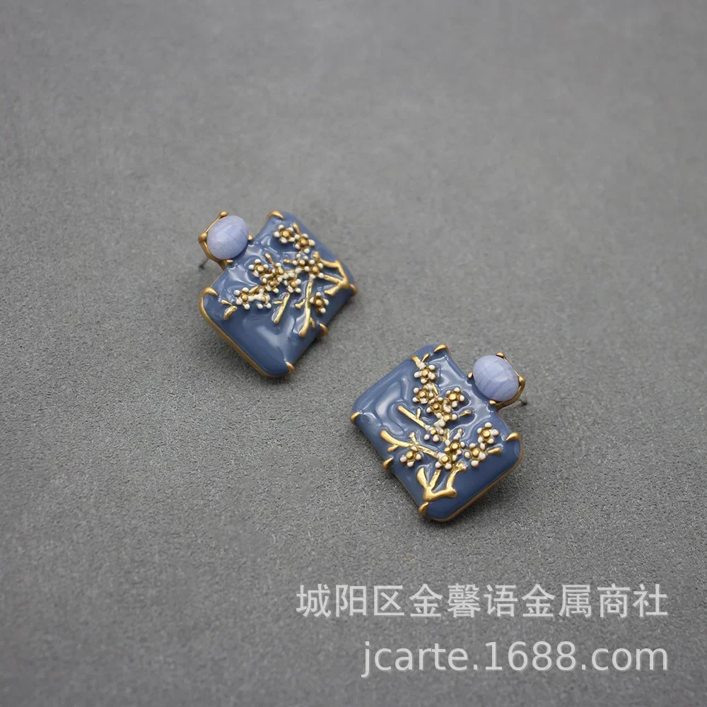 

Эмалированные квадратные зимние сладкие лепестки, серебряные иглы 925, серьги из фиолетовой сосны, серьги в средневековом стиле