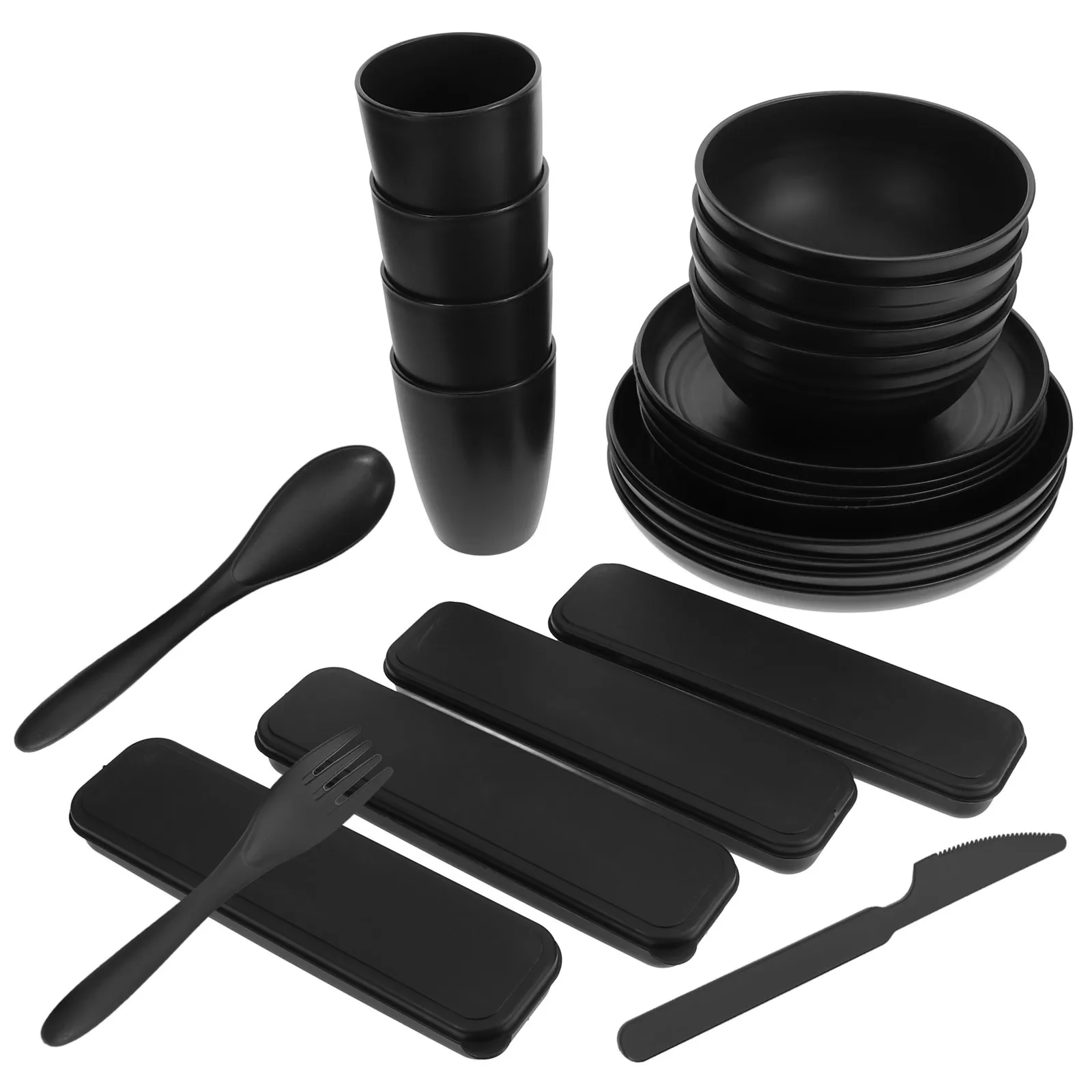 

4 set Black Cutlery Set With Bowl Plate Spoon Fork Cutter Portable Reusable Utensils For Lunch Box Camping Travel Picnic Noodle