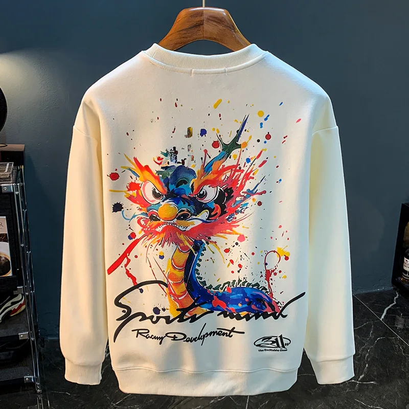 Fashion Sweater Male 2024 Autumn New Painted Printed Street Trend round Neck Long-Sleeved T-Shirt Stretch High-End Clothes