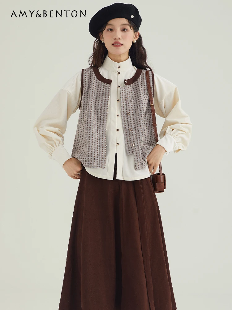 Spring New British Retro Daily Commuter Elegant Skirt Sets Preppy Style Versatile Slim Shirt Loose Vest Skirt Three-Piece Sets