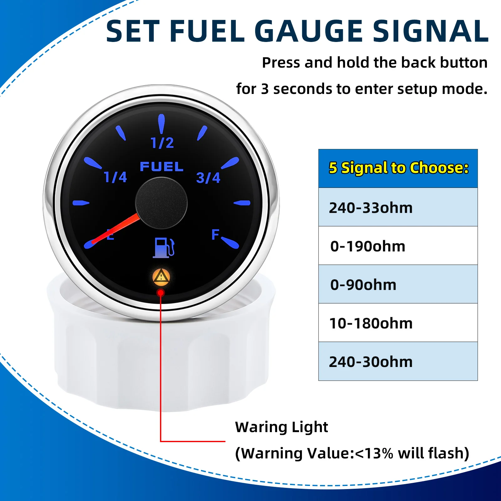0-190ohm 240-33ohm 0-90ohm Fuel Level Gauge 52mm Car Gauge 7 Color Backlight  With Flashing Alarm for Car Truck Boat