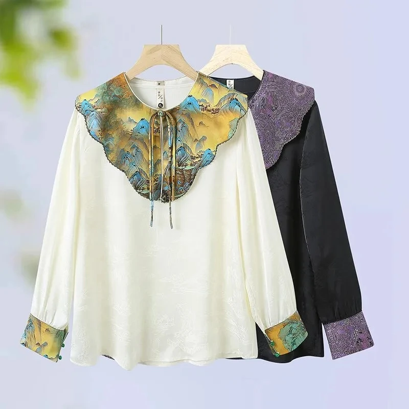 

Жаккардовая блузка с пейзажем, женская одежда с круглым вырезом, рубашка на пуговицах с китайской лягушкой, осенние атласные топы с длинными рукавами