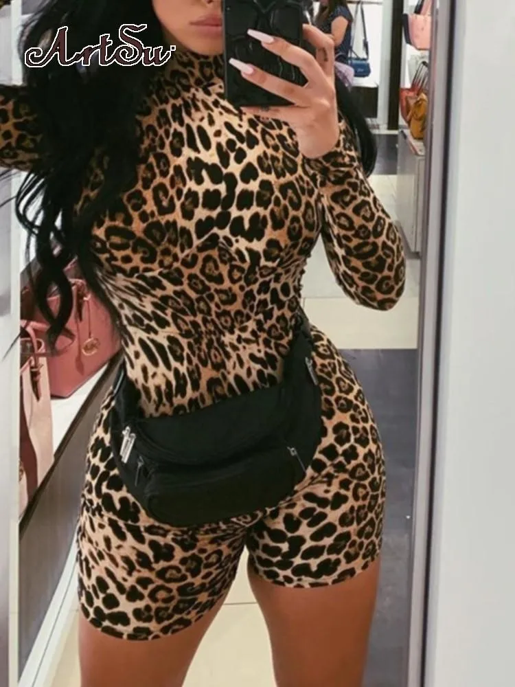 Artsu Tiger Print Sexy Romper Shorts Long Sleeve Lace Up Fitness Activewear Summer Women Elastic Playsuits New Autumn