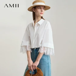 Amii Minimalist Cotton Shirts for Women 2025 Summer New Solid Lapel Shoulder Half-sleeve Lace Splicing Loose Tops 12542096