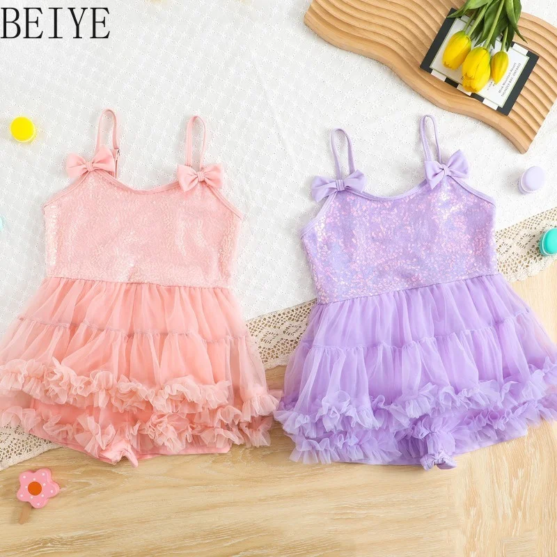 2Pcs Girls Sequin Tutu Swimsuit Spaghetti Strap Bow Bathing Suit Ruffle Mesh Swim Dress with Swim Hat Kids Beach Swimwear Set