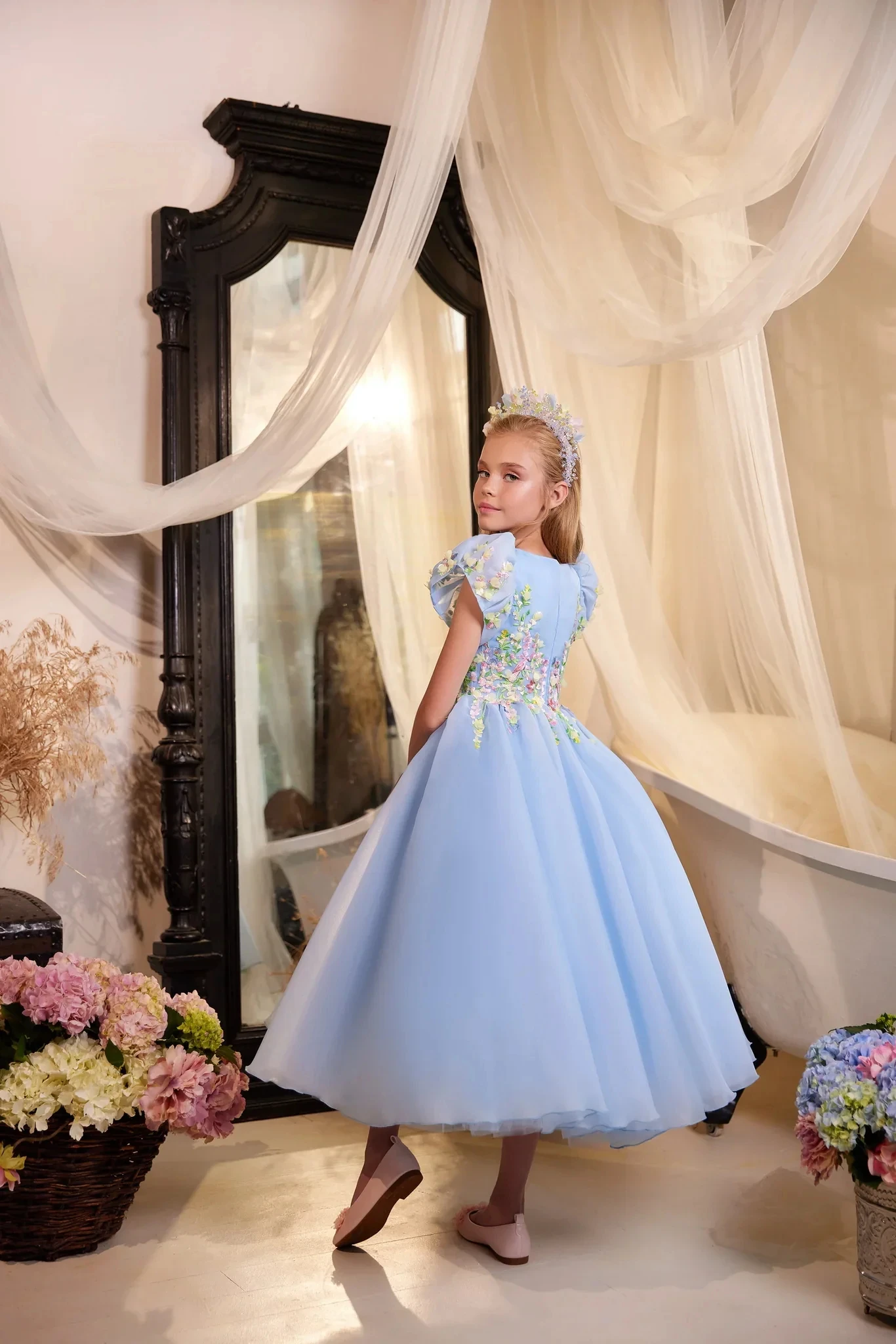 Luxus blaues Blumen mädchen kleid für Hochzeits feier 3d applizierte Prinzessin heiliges Erstkommunion kleid Kinder geburtstags geschenk