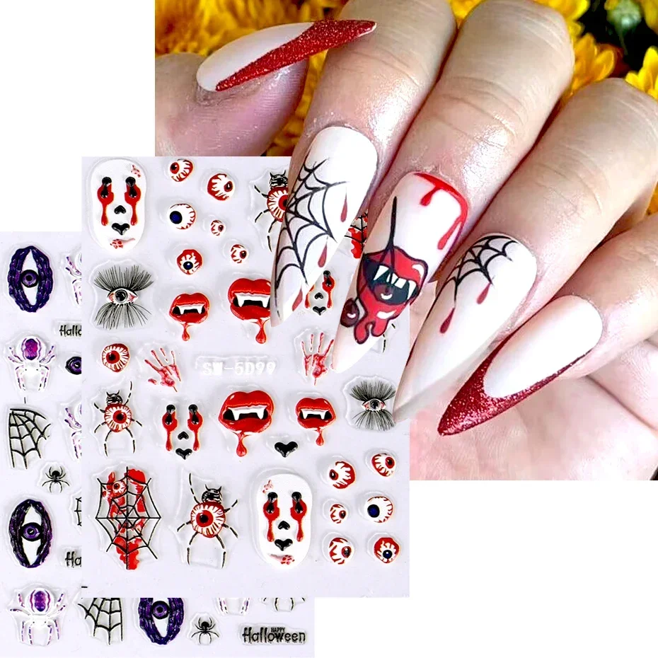 5D Acrylic Nail Sticker Halloween Ghost Skull Blood Drips Lip Design Decal Spider Witch Pumpkin Nail Art DIY Manicure Decoration