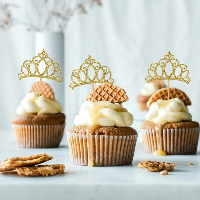 YOMDID 24Pcs Princess Crown Cupcake Toppers Glitter Crown Toppers Gold Crown Cake Toppers Bridal Wedding Birthday Party Supplies