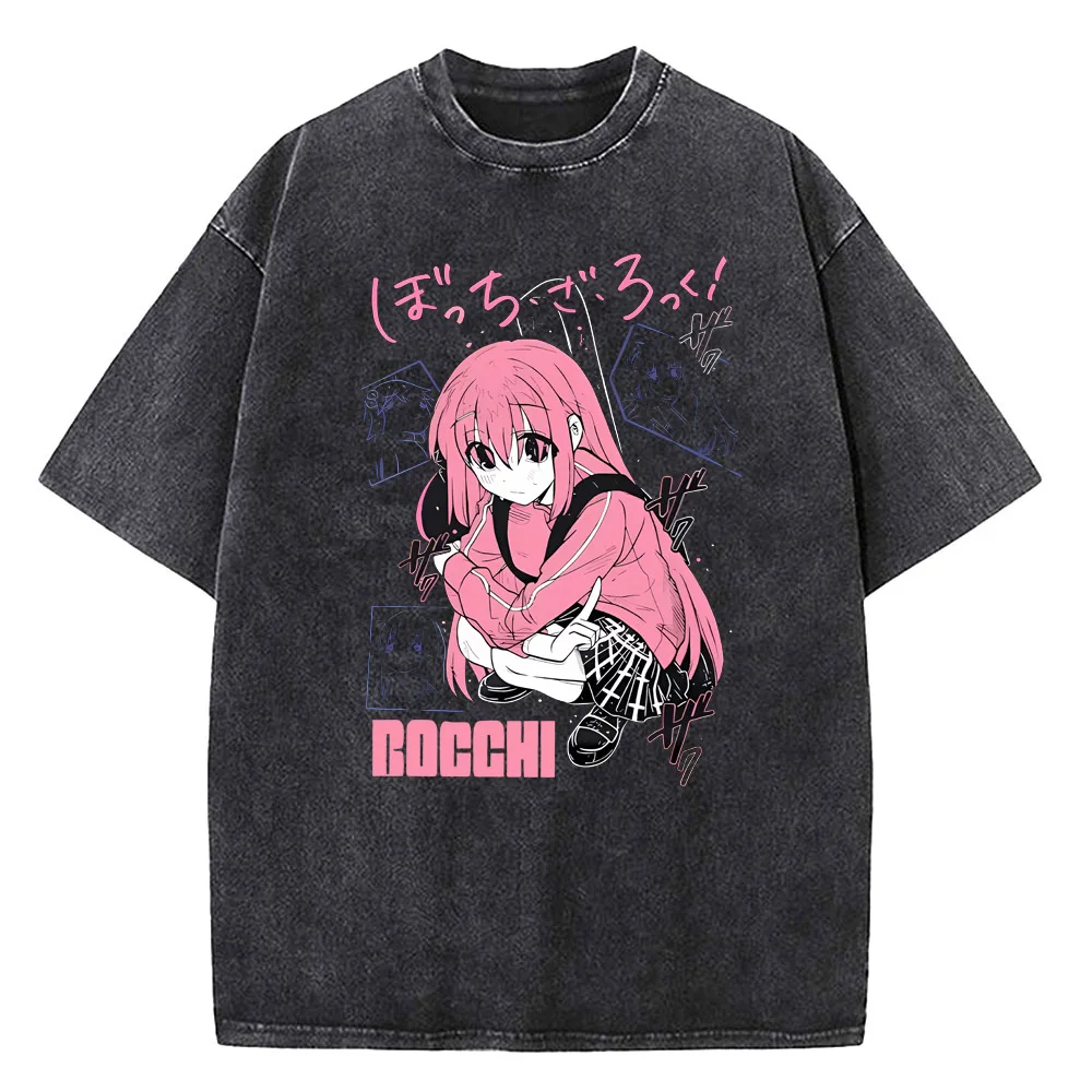 Vintage Men Printed Tshirts Bocchi Club Music Band Anime Bocchi The Rock Cotton Tops Creative Crew Neck Tees Washed TShirt