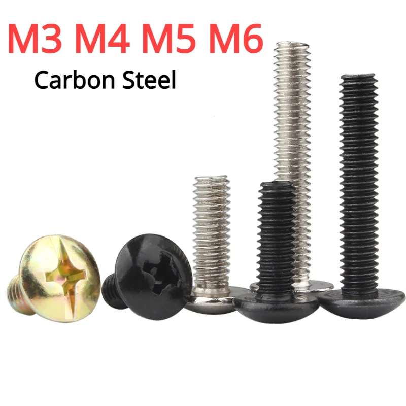 M3 M4 M5 M6 Carbon Steel Mushroom Head Phillips Screws Black Zinc Nickel Coloured Zinc Plated Large Flat Round Phillips Bolts