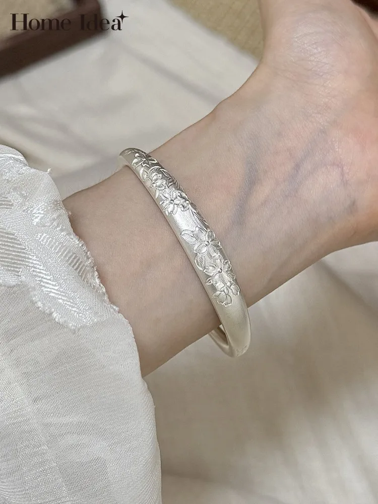 

Luxury Women 999 Sterling Silver Floral Carving Bracelet Elegant Ladies Vintage Banquet Fine Jewelry Adjustable Cuff Bracelet