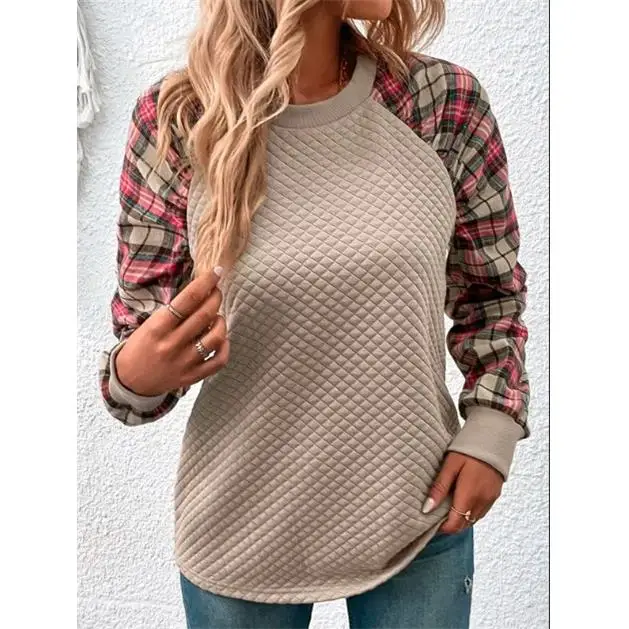 

Grid Patterned Fabric Splicing Long Sweater Women's Casual Comfortable Style Winter Fashion No Brand Registered Trademark