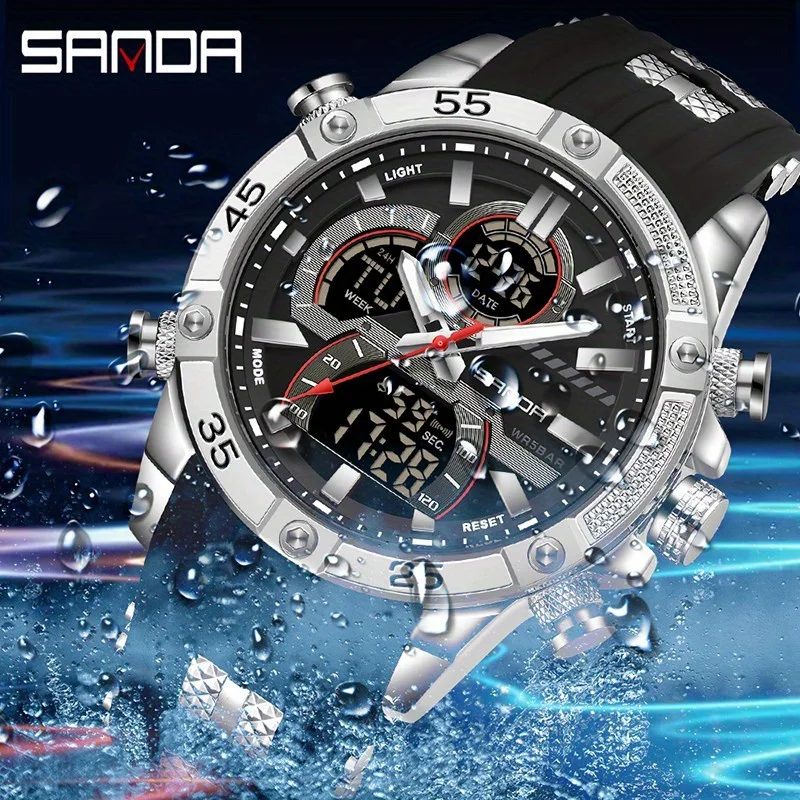 Sanda Men\'s Electronic Watch Multi functional Night Light Waterproof Rubber Dual Screen Sports Watch Luxury Military Watch