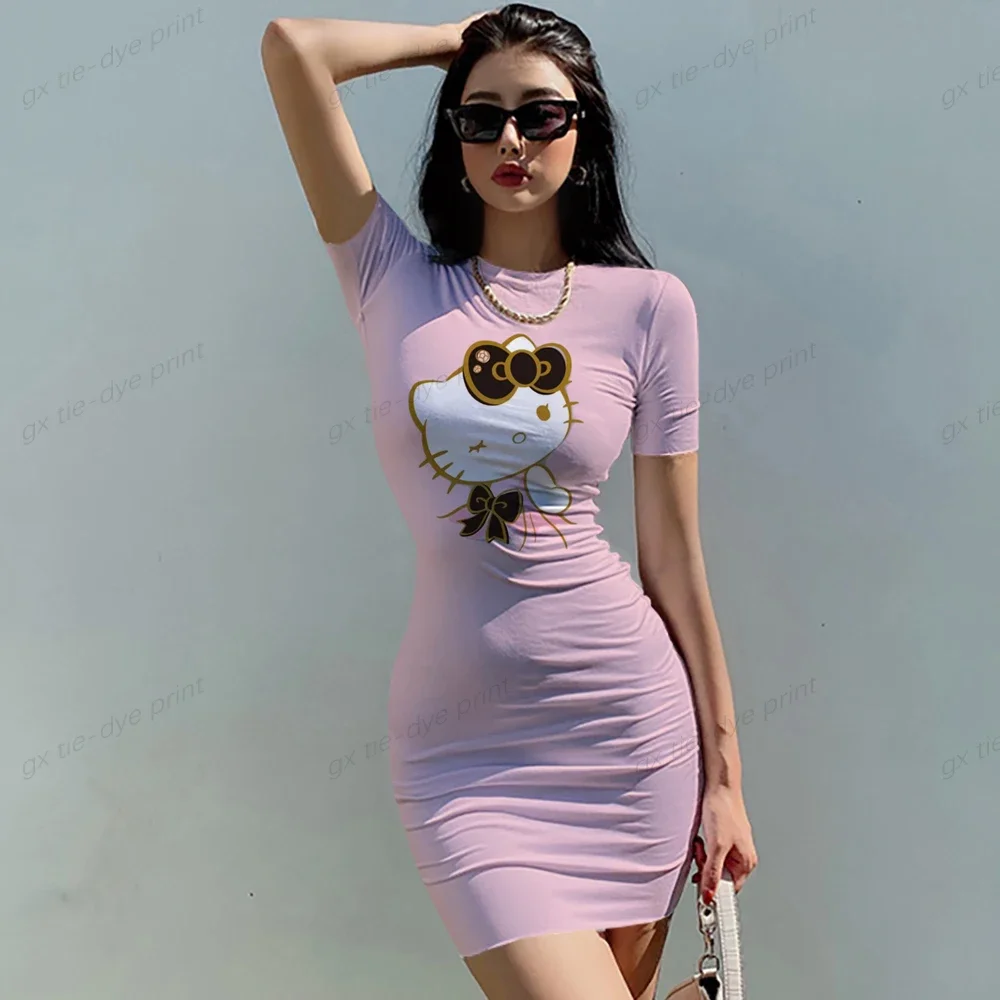 New Hello Kitty Women\'s Summer Mini Party Dress 2023 Slim Hip Sexy Tight Y2K Short Sleeve Round neck Cartoon Dresses Clothes