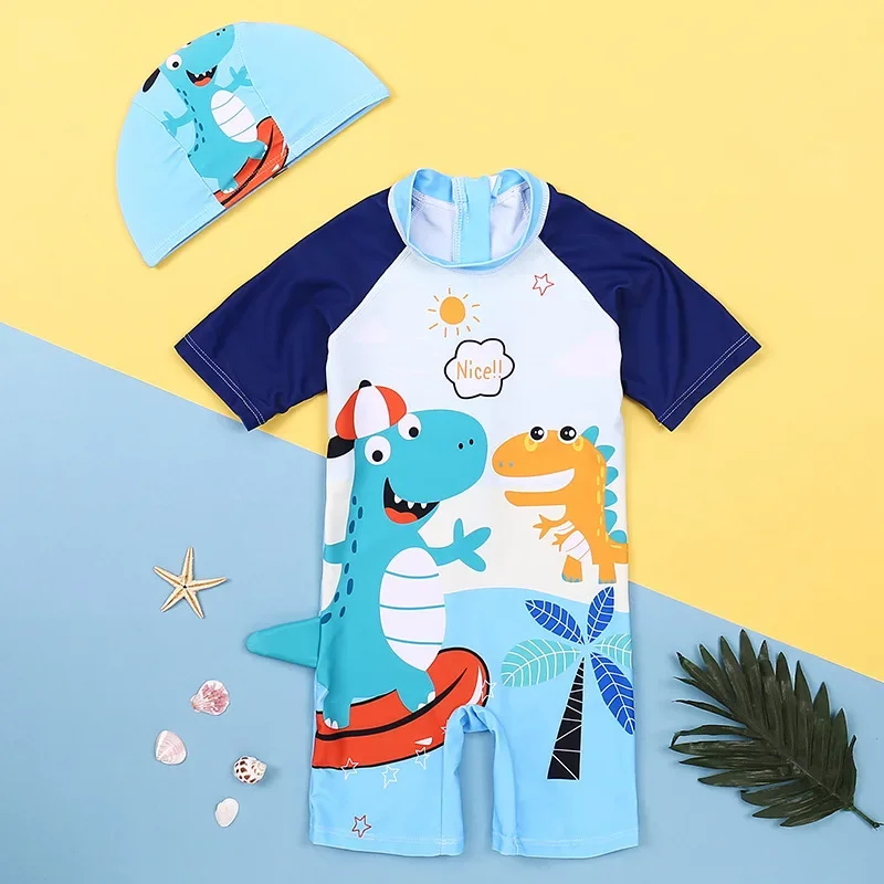 Children\'s One-piece Swimsuit 2-8 Year Old Baby Boys Cartoon Dinosaur Print Swimwear with Hat Toddlers Diving Suit Rashguard