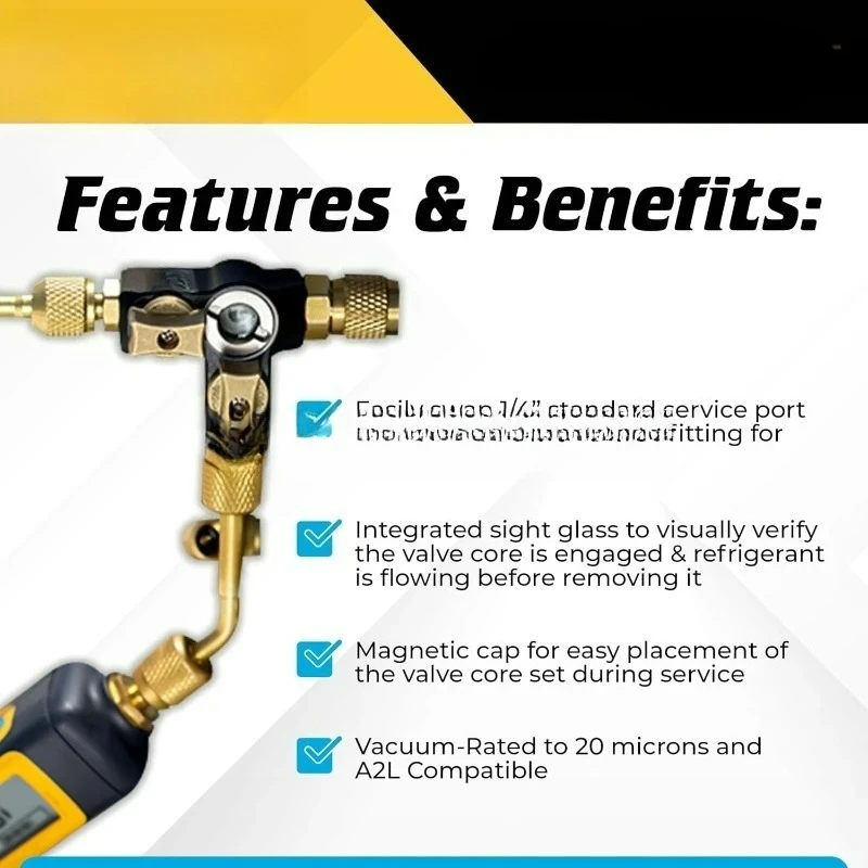 VC2G 1/4″ Valve Core Removal Tool Dual Valve with Sight Glass - Vacuum-Rated 20 microns & A2L Compatible - HVAC Tools