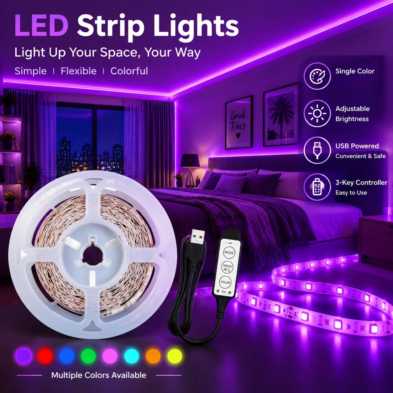 5V USB RGB LED Strip Lights, 3-Key Manual Control, Strong Self-Adhesive, Cuttable, Color Changing Ribbon Light for Indoor Home