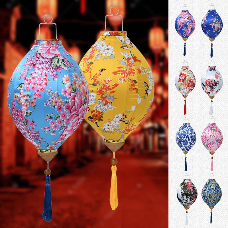 12/14in Chinese Style Lantern Satin Retro Printed New Year Party Home Decor Lantern Outdoor Street Mall Decorated Colorful Light