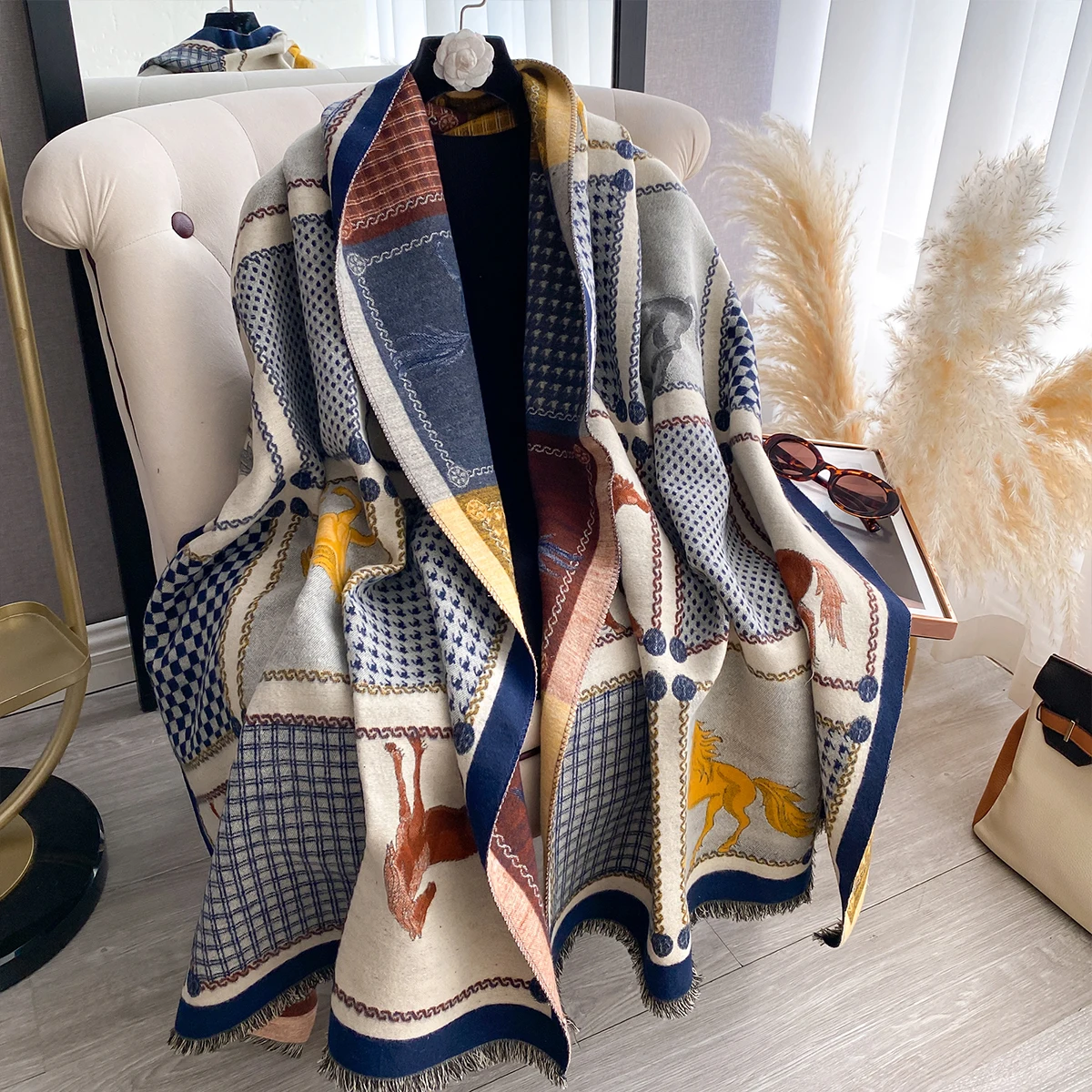 Neue Luxus Marke Zweiseitige Jacquard Schal Kaschmir Weiche Warme Fringe Pashmina Das Pferd Schal Winter Kältebeständig Winddicht Decke – Detail 13