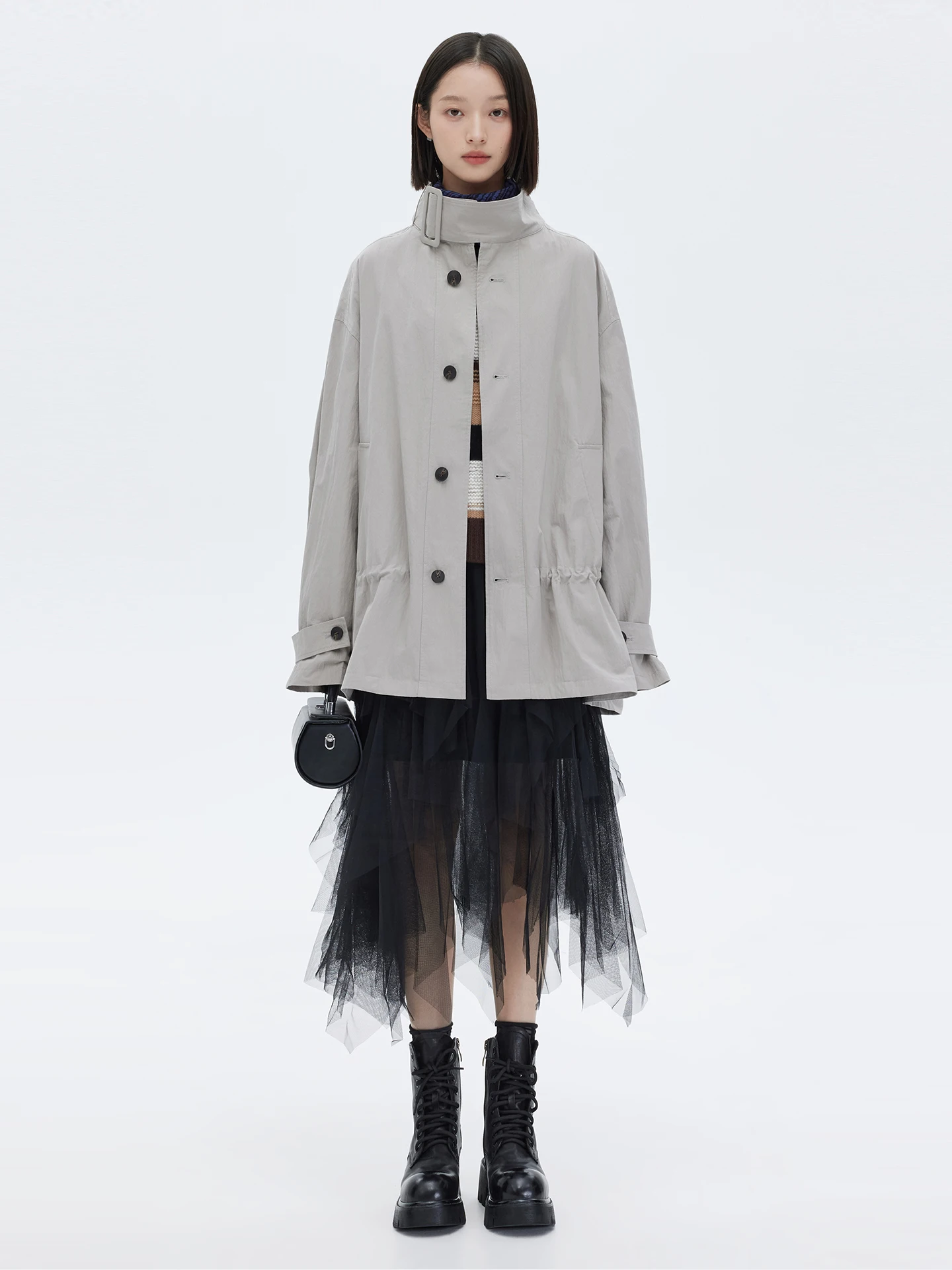 

High Densi Silk Cotton Long Sve Stand Collar Adjustable oulder Winter White ey Mid-Length Women's Windbreaker Coat
