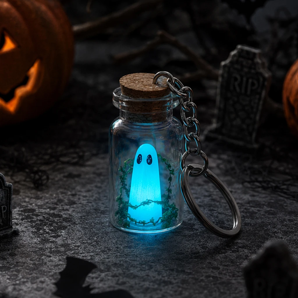 Luminous Ghost Keychain Halloween Tiny Glow Drifting Bottle Adopt Ghost Keyring Creative Design Green Spectre Jewelry Gift