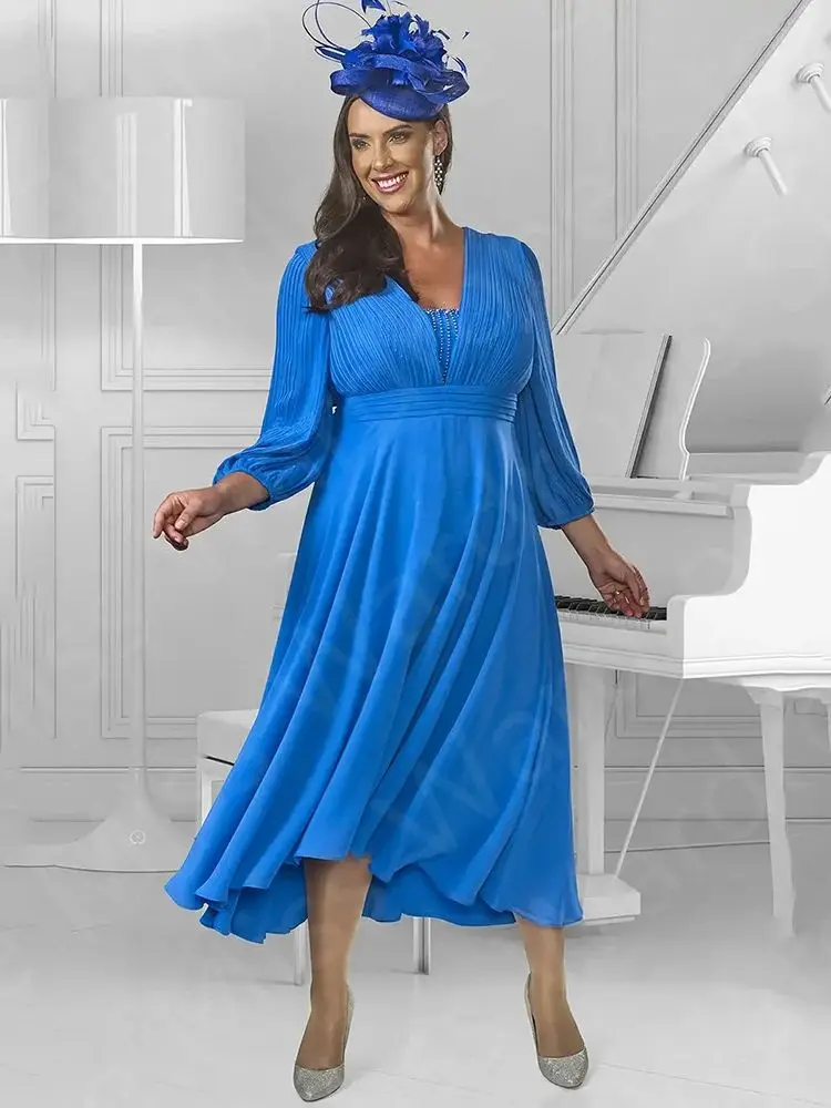 Encantador vestido de chiffon azul para a mãe da noiva, comprimento médio de bezerro, decote V, vestidos de festa de casamento, 2024