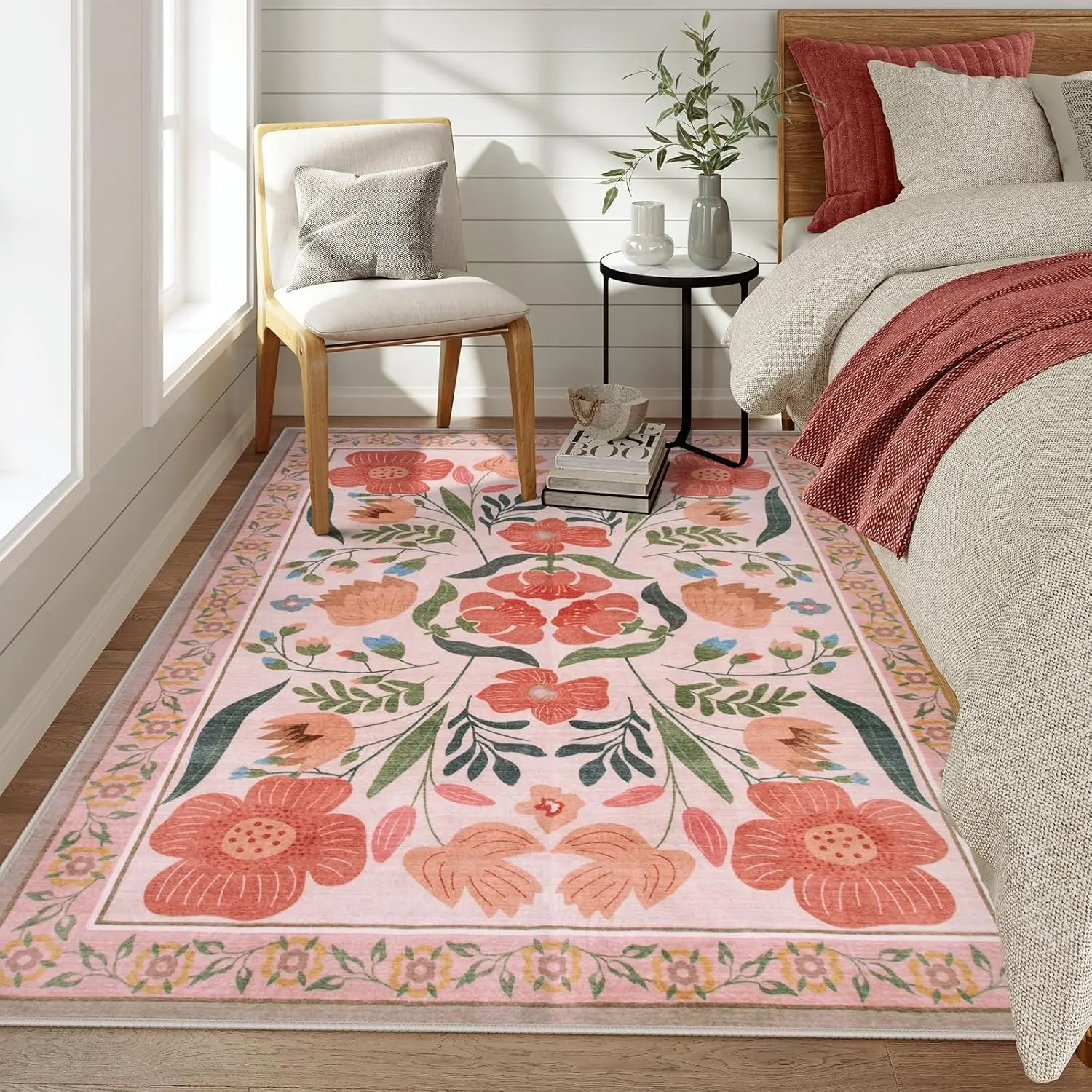 Soft Floral Room Rugs for Bedroom Non Slip, Ultra-Thin Low Pile Floor Flower Carpet for Classroom Nursery Girl Room Décor