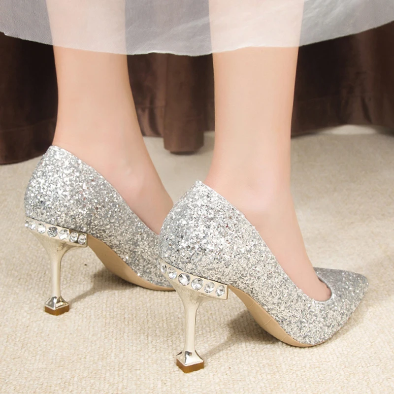 Lucyever Gold Silver Sequins Women Pumps 2024 Luxury Crystal High Heel Party Wedding Shoes Woman Elegant Pointed Toe Pumps Mujer