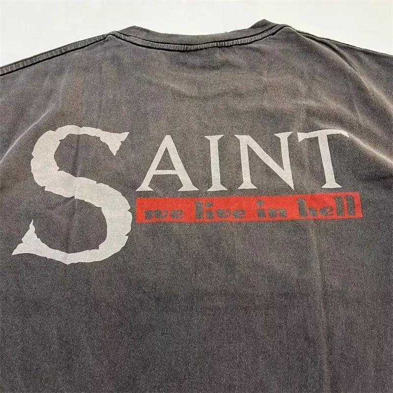 Saint Michael Black Washed T-Shirts For Men Women 1:1 Best Quality Logo Printed Oversized Graphic T Shirts
