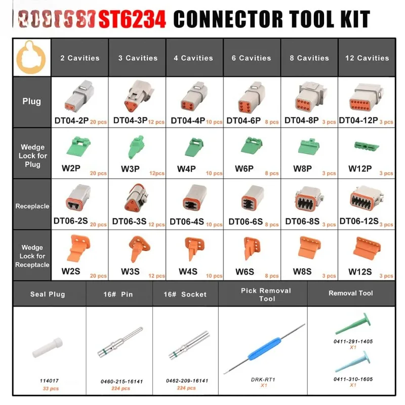 ST6234 DT Deutsch Connector Kit Size 12 16 20 IP67 Electrical Auto Crimp Connector