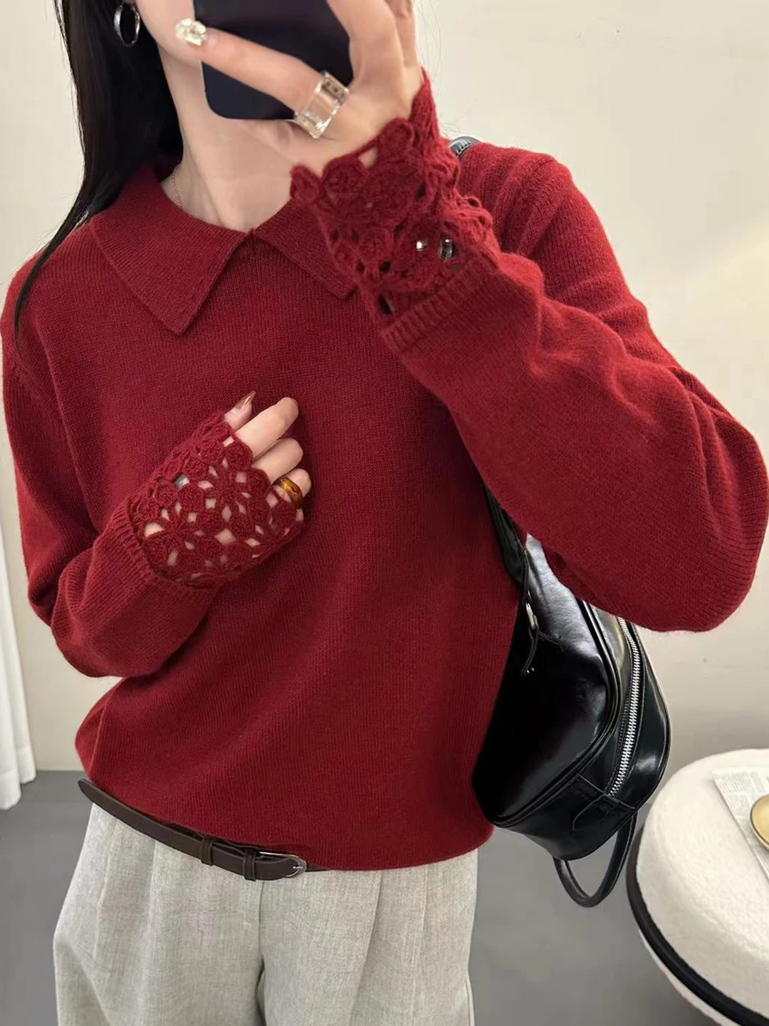 

Retro Red Turn-down Collar Knitted irt Base Layer Trendy Sve Hook Flower Hook Knitwear for Women Autumn Winter Faionable