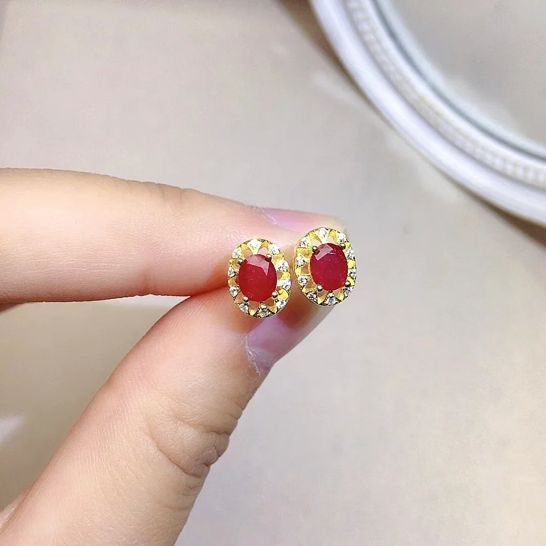 

Small Silver Gemstone Stud Earrings for Dailu Wear 4mm*5mm Natural Ruby Earrings Simple 925 Silver Ruby Earrings