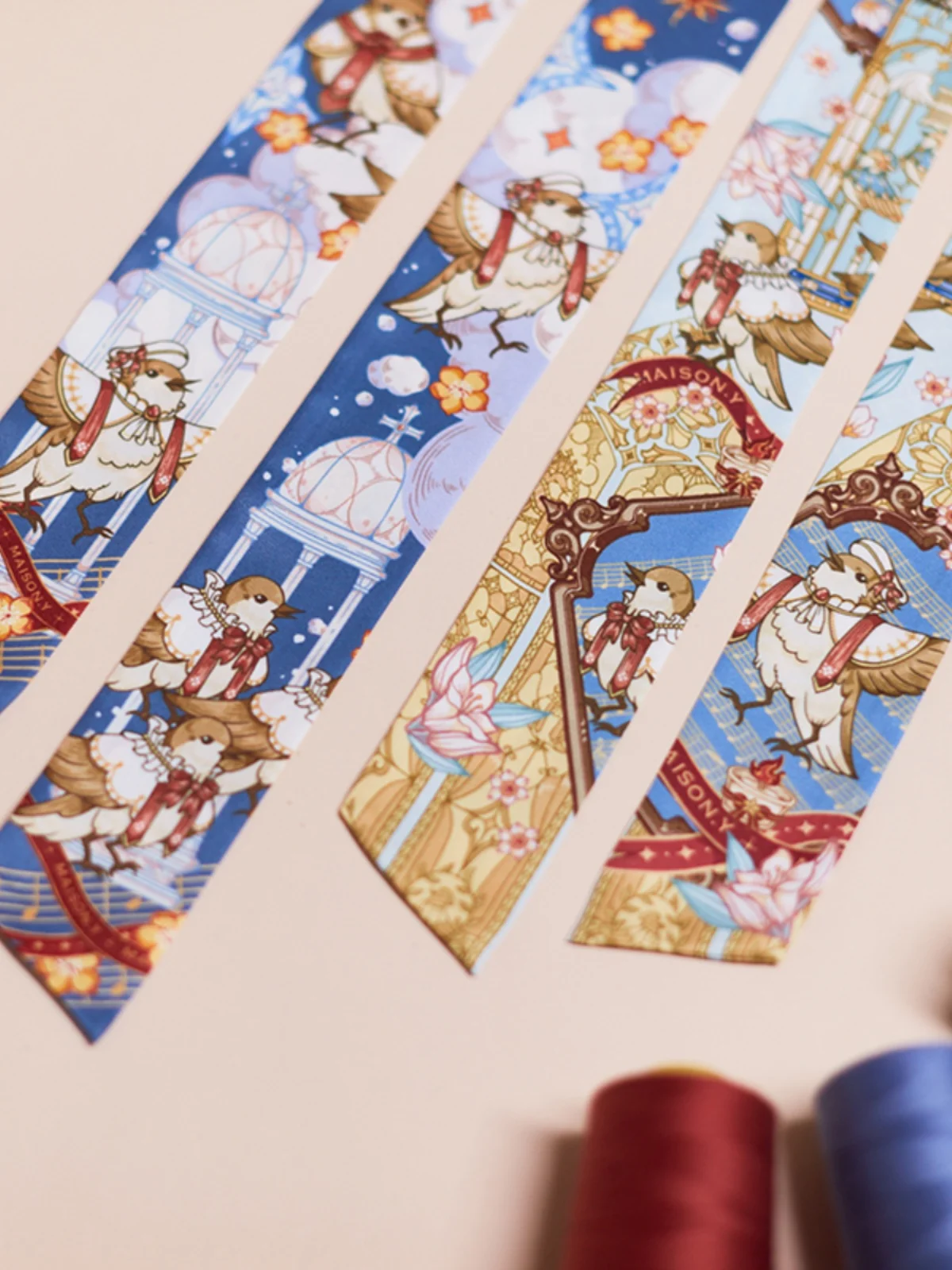 

Birds Choir Long Silk Scarf Literary Temperament Blue Cloud Bag Handle Headband Scarf for Women