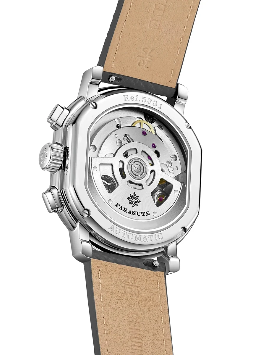 FARASUTE ساعة كرونوغراف للرجال 38 ملم ساعة يد ميكانيكية أوتوماتيكية مرآة الياقوت 5ATM الطاووس 4801 نوافذ ثلاثية