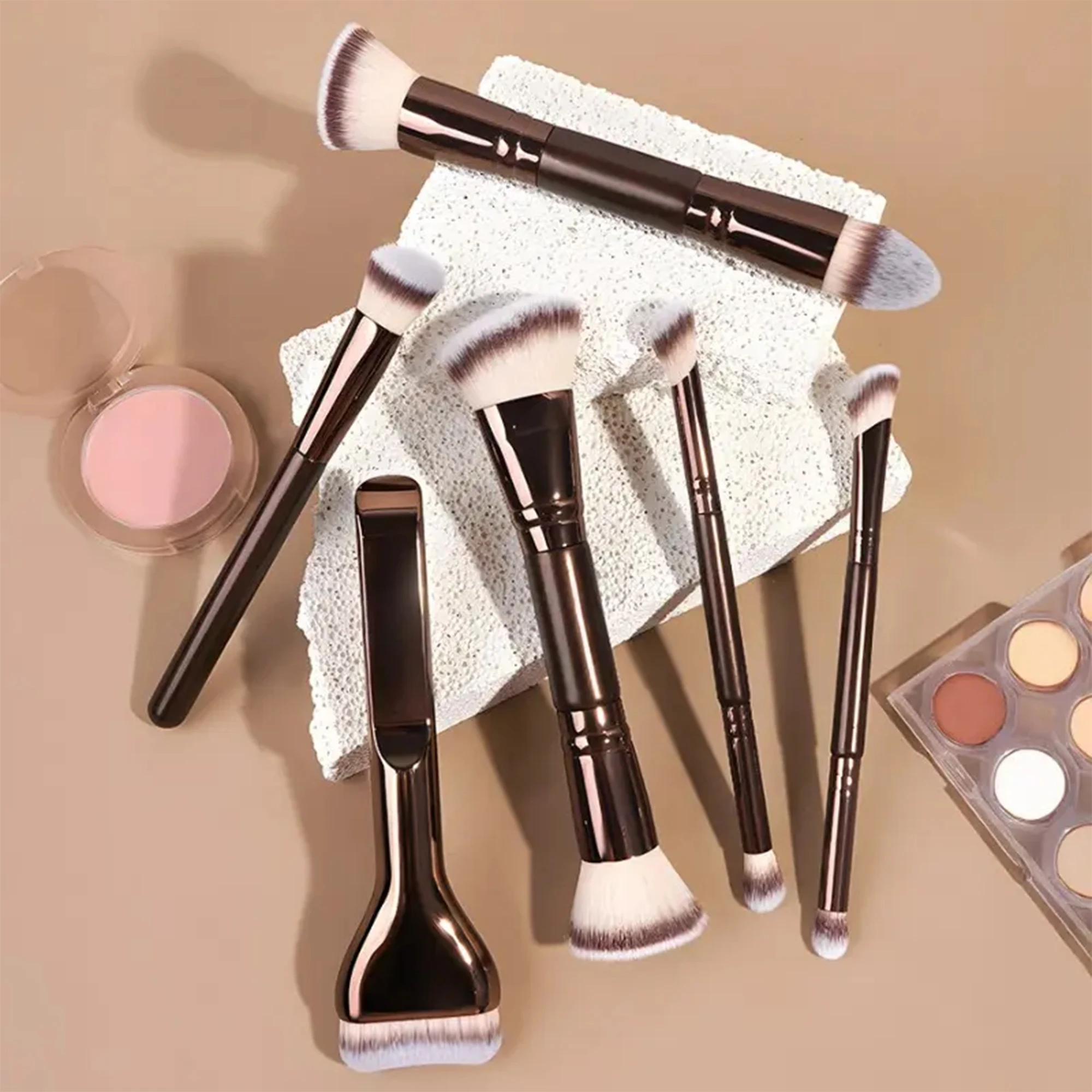 Double Ended Makeup Brush Set, Includes Sponge, Brush Case, Foundation, Blush, Powder, Contour Brushes, Travel Makeup Kit