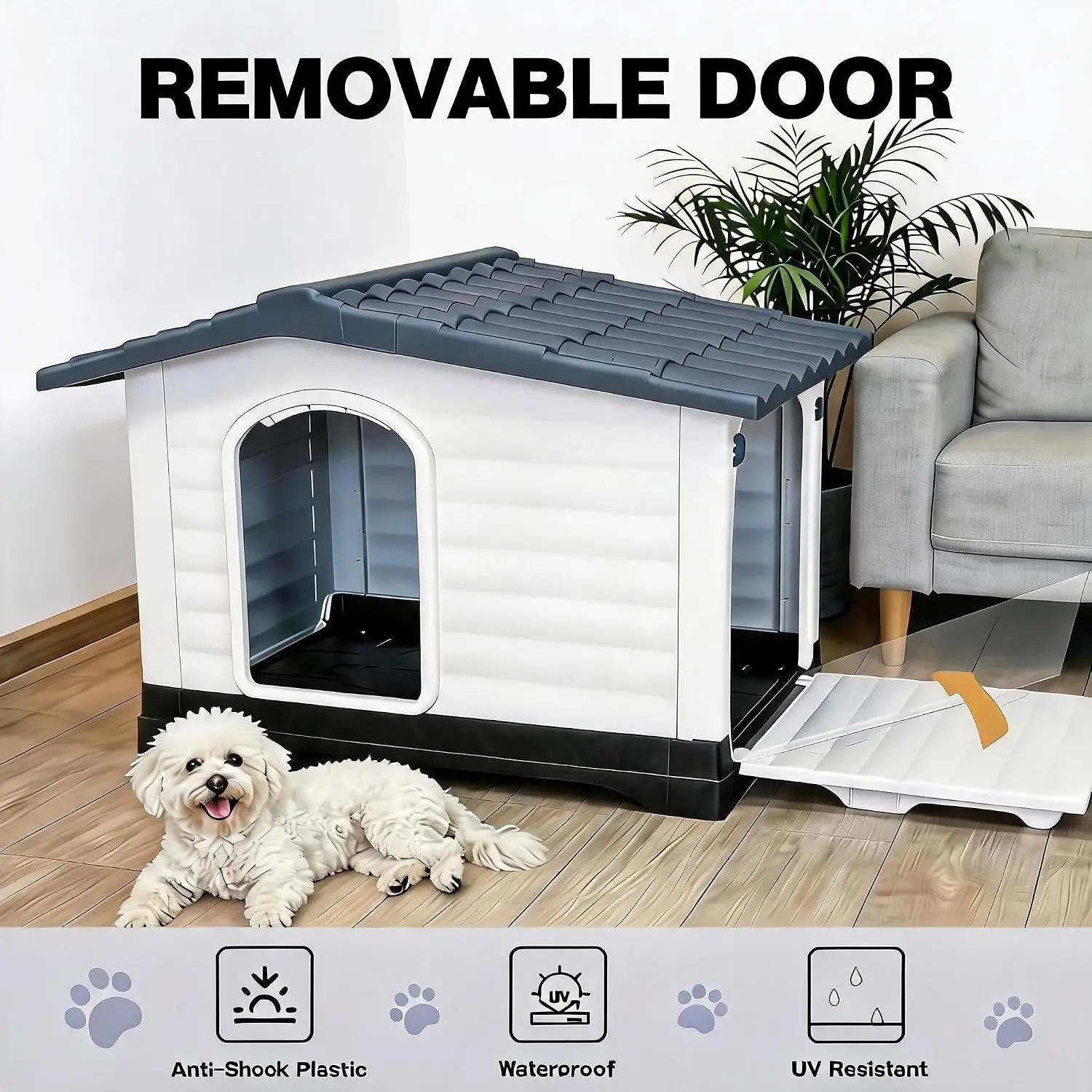 Outdoor Dog House 2 Doors Fold-Out Porch Waterproof Elevated Plastic Kennel Large Dogs Raised Floor Easy-Clean , Customized