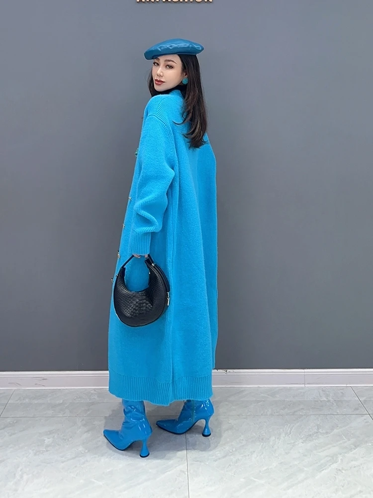 Vefadisa 2024 Autumn Winter New Blue Women Sweater Cardigan V-neck Long Sleeve Cardigan Temperament All Match Coat ZXY782A