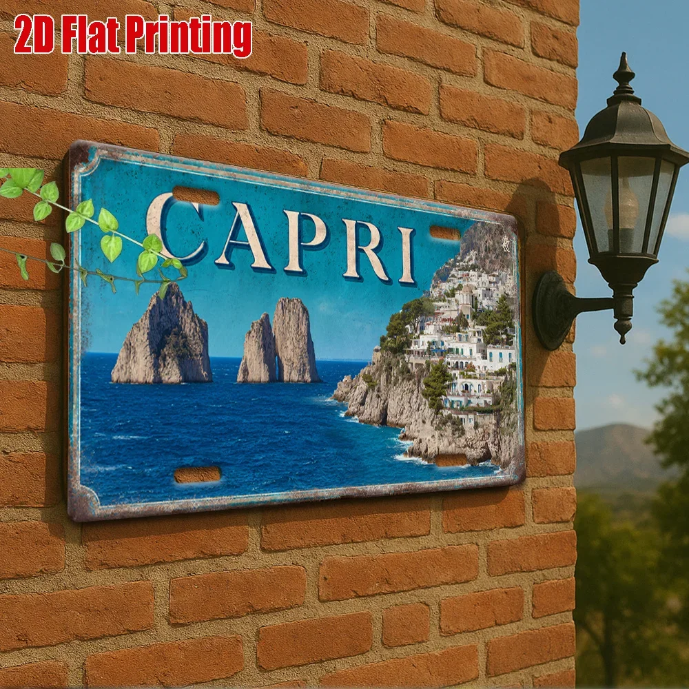 Capri 2D Flat Metal Sign, Italian Coastal Island Vintage Iron Painting 15x30cm, Retro Wall Plaque Beach House Decor