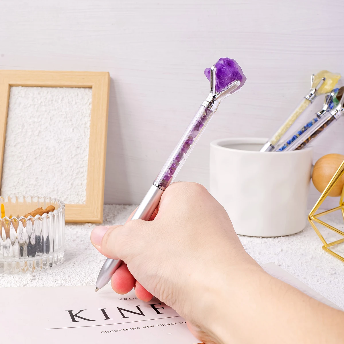 1PC Natürliche Heilung Amethyst Kristall Original Rohstein Zylindrischen Stift Kugelschreiber Stift Student Schreibwaren Büro Business Geschenke – Detail 1