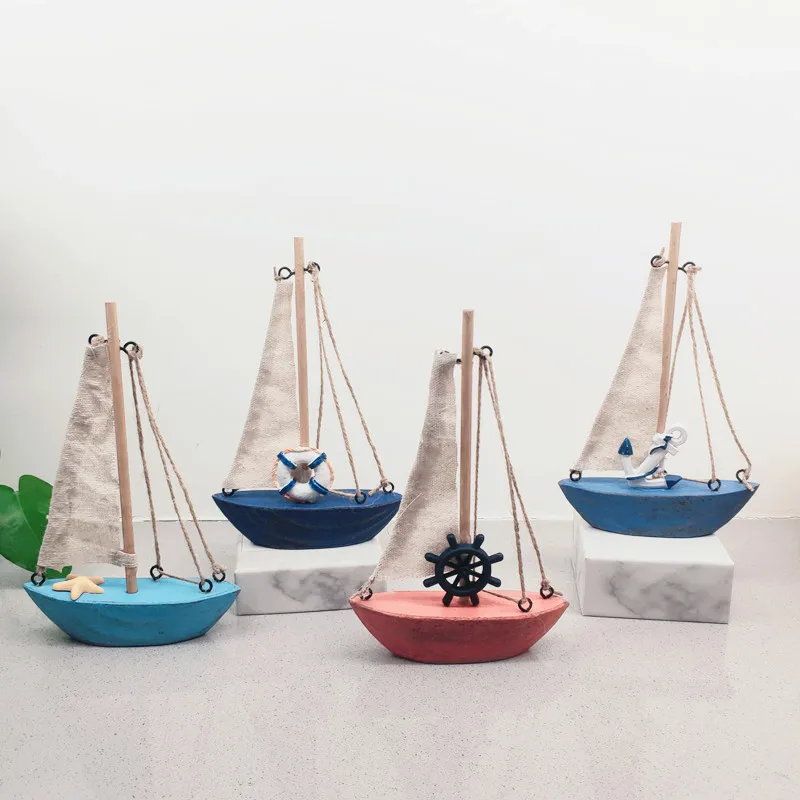 Mediterranean Style Retro Color Petit Bateau Wood Canvas Ship Model Ornaments Creative Home Decoration Crafts Kawaii Accessories