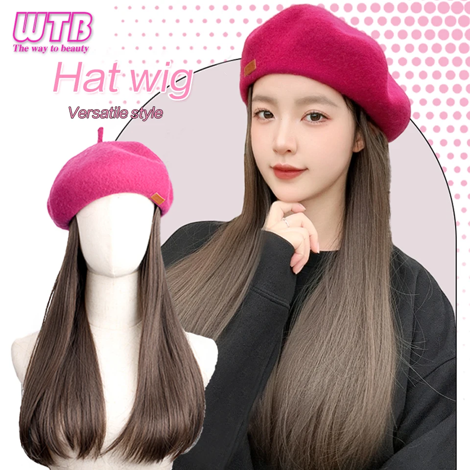 Synthetic Fashion Beret Long Straight Wig integration 45cm High quality Heat-resistant Hair Suitable for women\'s Daily wear.