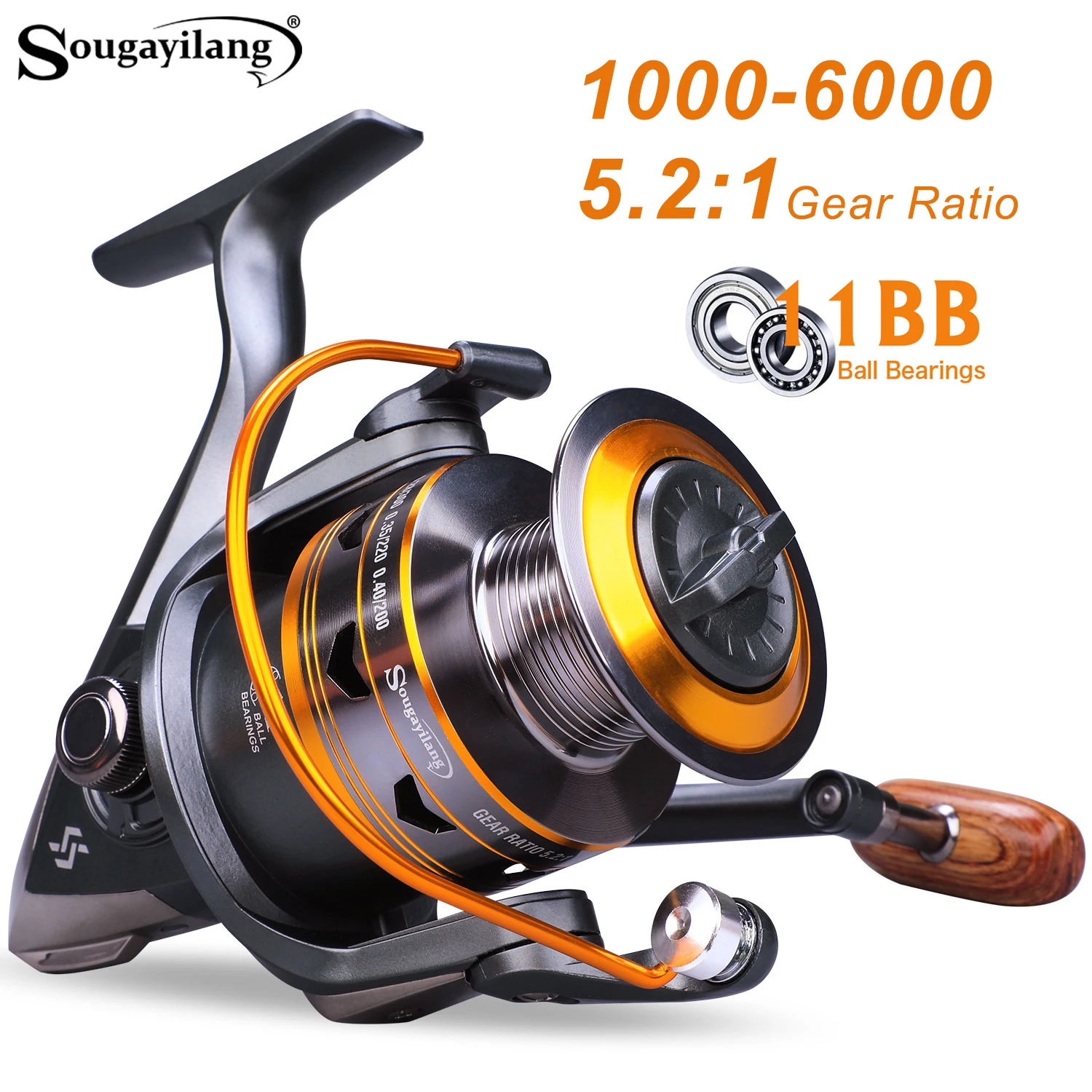 Sougayilang 1000-6000 Serie Spinnrolle 5,2:1 Übersetzungsverhältnis 11BB Angelrolle mit Metallklappgriff für Süßwasserangeln Pesca