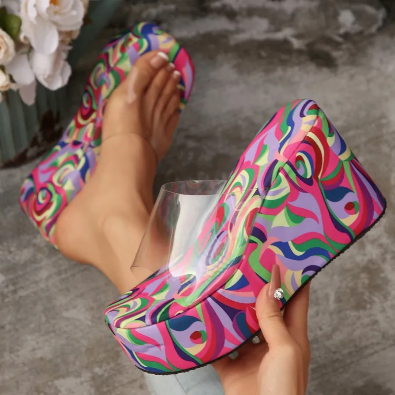 

Large Size Thick Heel Platform Sandals Women's Pure Color Cloth Beach Slippers Summer Fashion Fish Mouth Shape Rubber Sole