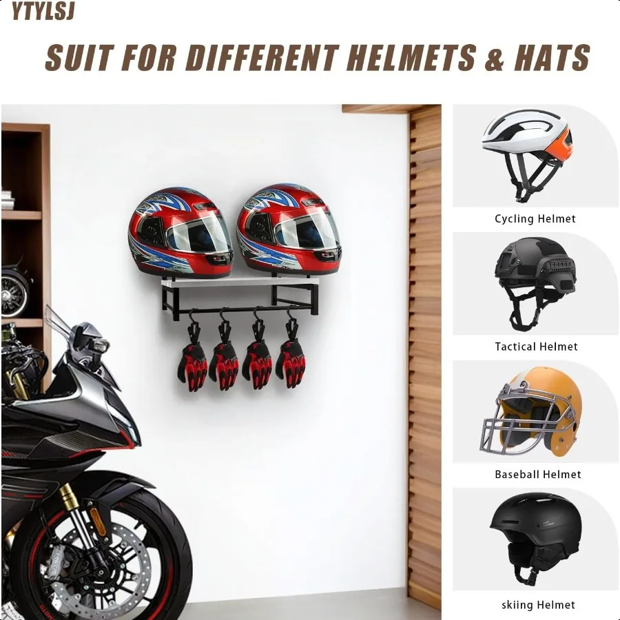 Motorcycle Helmet Holder Wall Mount Motorcycle Helmet Rack with 4 Glove Clips Rustic Helmet Stand Helmet Hanger for Storing Mot