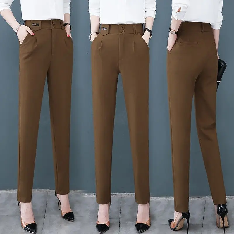 Office Lady Fashion High Waist Suits Pants Spring Autumn Korean Women Clothing Pockets Coffee Pencil Casual Straight Trousers