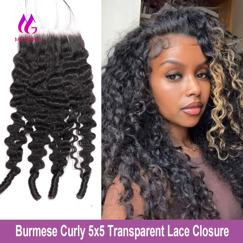 

Megeen бирманские кудрявые 5x5 прозрачные кружевные застежки с спиральными концами человеческие волосы свободная часть закрытия 12-20 дюймов наращивание волос 15A