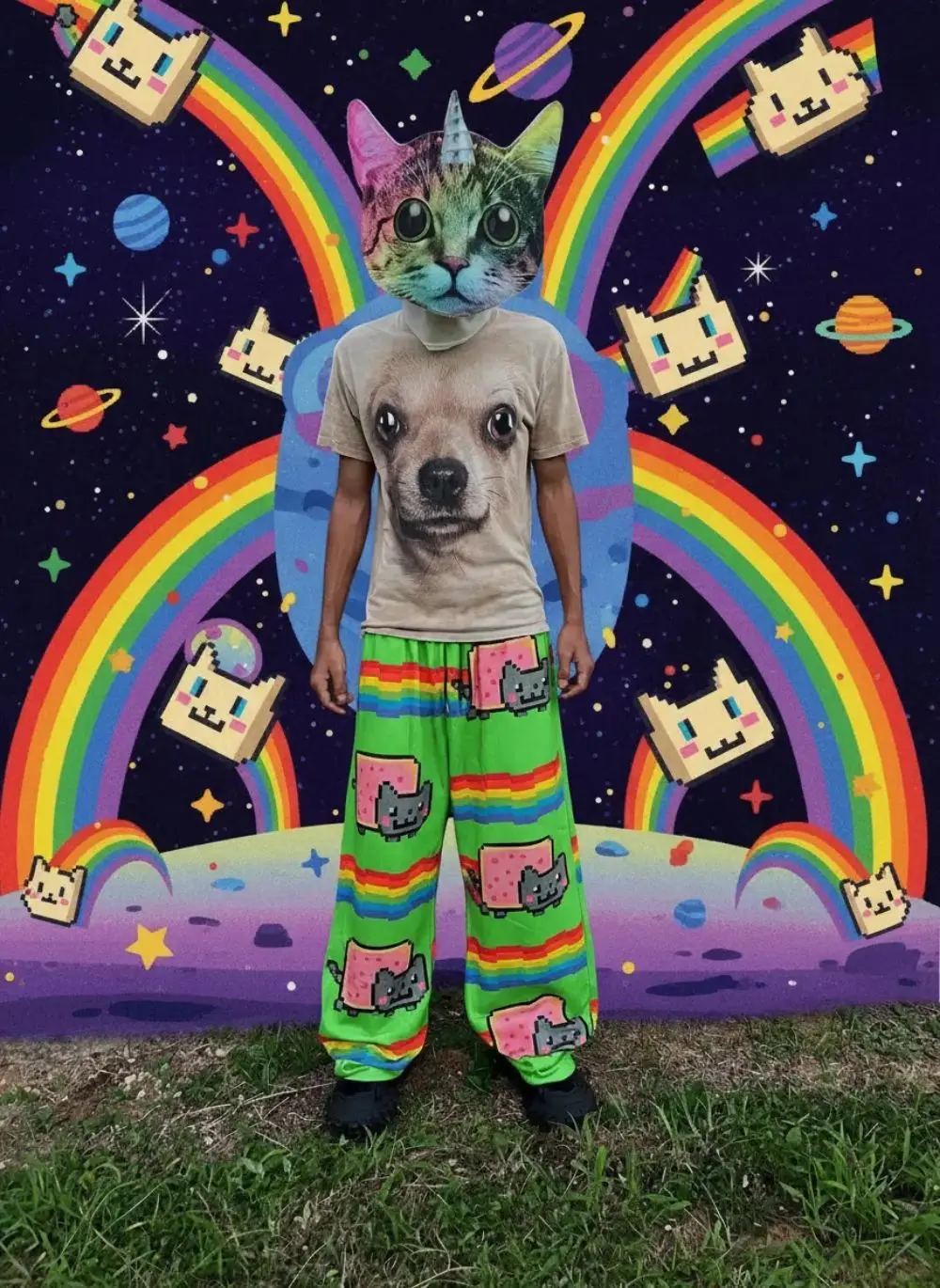 Y2k Pants Baggy Men Elastic Waist American Streetwear Hip Hop Green Nyan Cat Sweatpants Retro Joggings Casual Pants Men Clothing