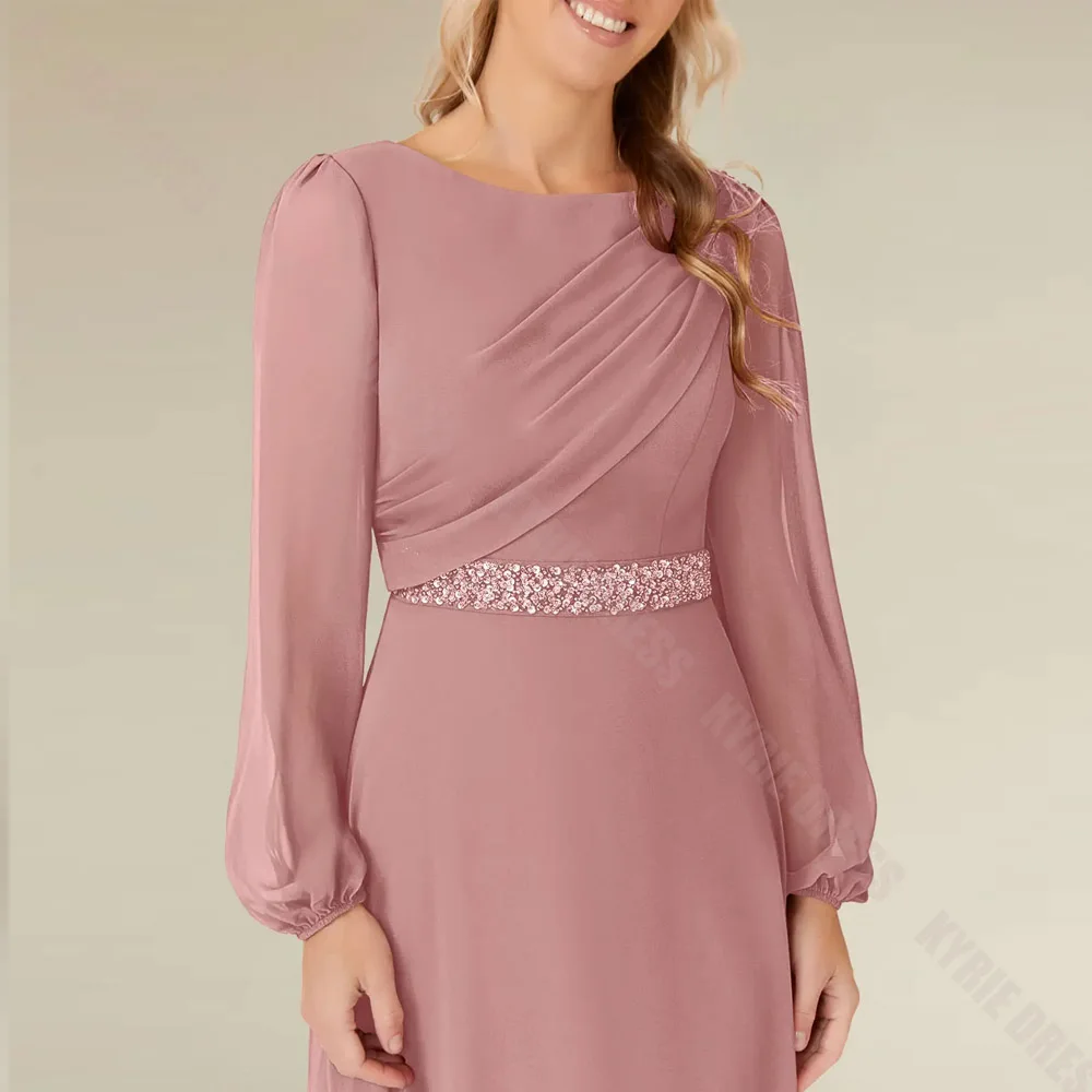 Customized Mother of The Bride Dresses Full Sleeves Scoop Neck Crystal A Line Chiffon Wedding Guest Gown Formal Evening Dresses